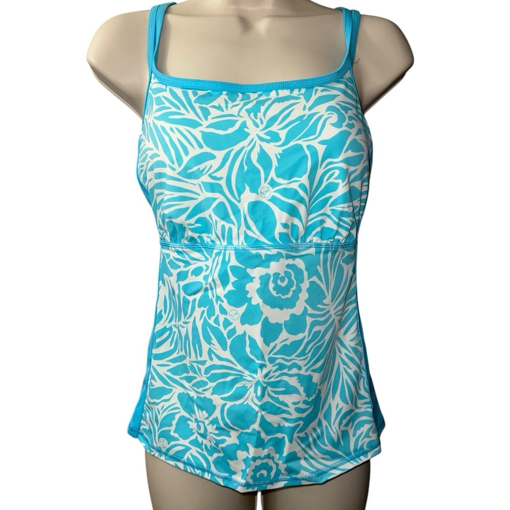 Lands'‎ End Tankini Swimsuit Top Size 10 Blue White Floral Padded Bra Shelf M